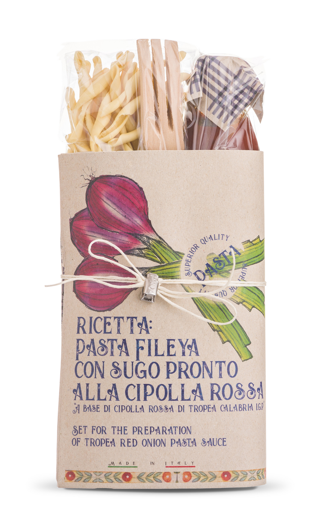 Organic Maccheroni Pasta with Tropea Red Onion Sauce Gift Set With Wooden Spoon By Casarecci Di Calabria