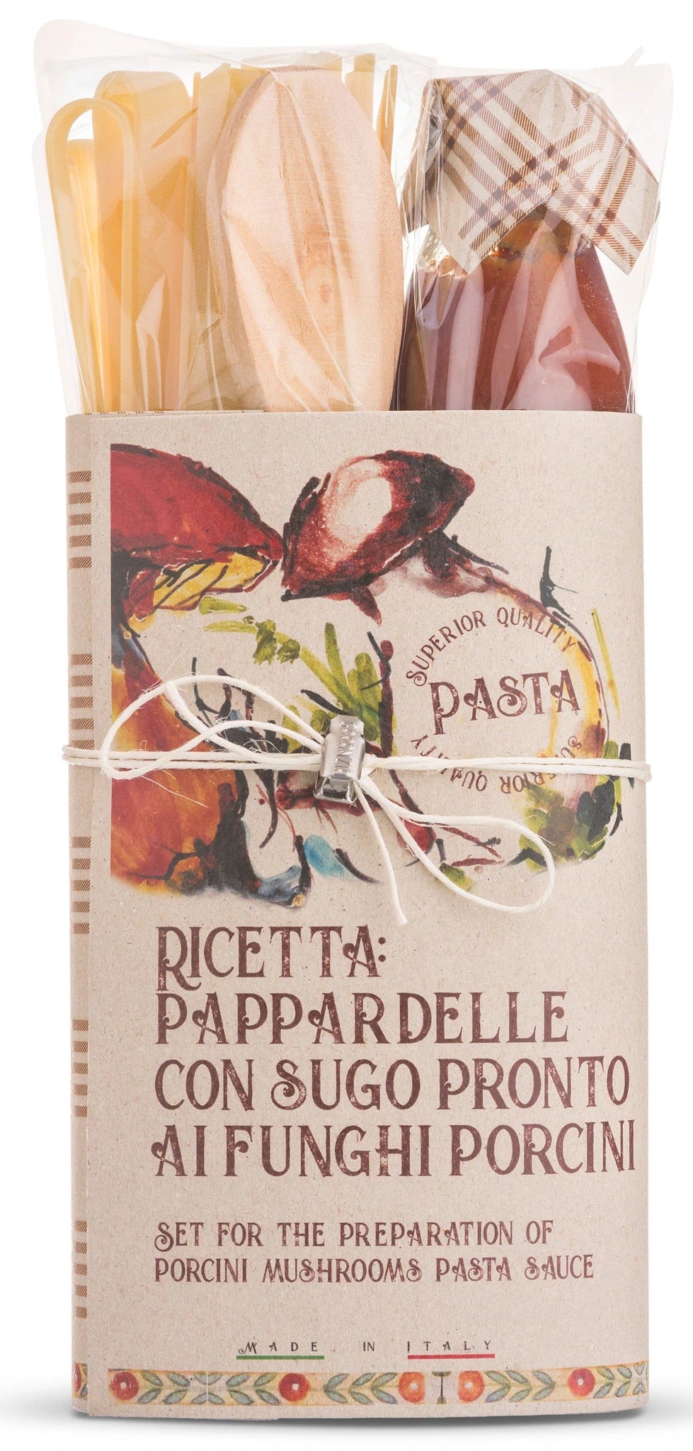 Organic Pappardelle with Porcini Mushroom Pasta sauce gift set with wooden spoon by 