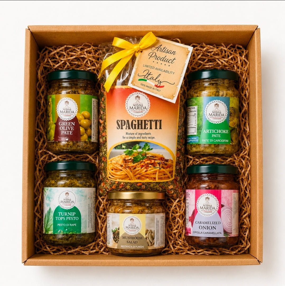 Nonna Marida Chest of Flavors Mini (Artichoke Pate, Green Olive Pate, Caramelized Onion, Mushroom Salad, Turnip Tops Pesto and Spaghetti Mix Seasoning)