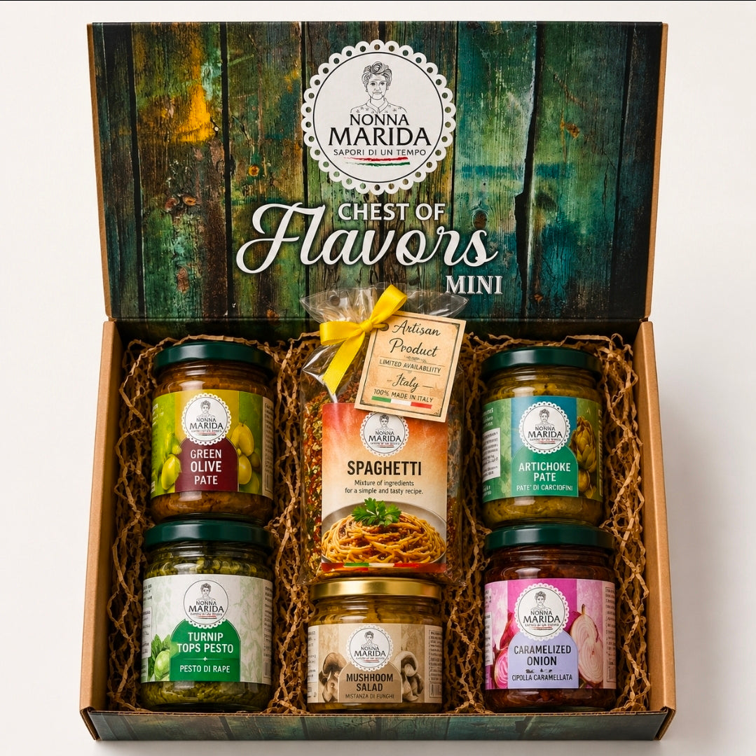 Nonna Marida Chest of Flavors Mini (Artichoke Pate, Green Olive Pate, Caramelized Onion, Mushroom Salad, Turnip Tops Pesto and Spaghetti Mix Seasoning)