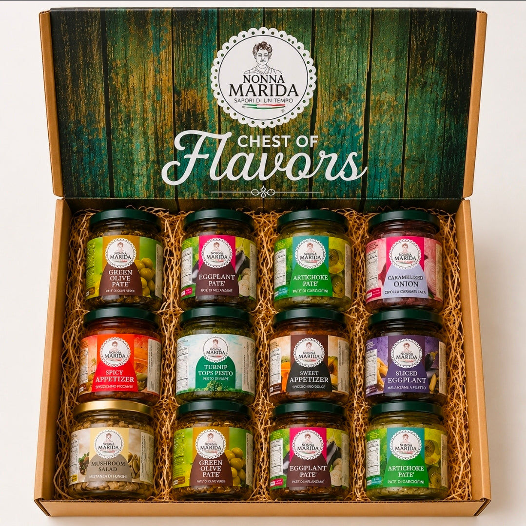 Nonna Marida Chest of Flavors (Artichoke Pate, Green Olive Pate, Caramelized Onion, Mushroom Salad, Turnip Tops Pesto, Sweet Appetizer, Sliced Eggplant, Spicy Appetizer and Eggplant Pate) (Copy)