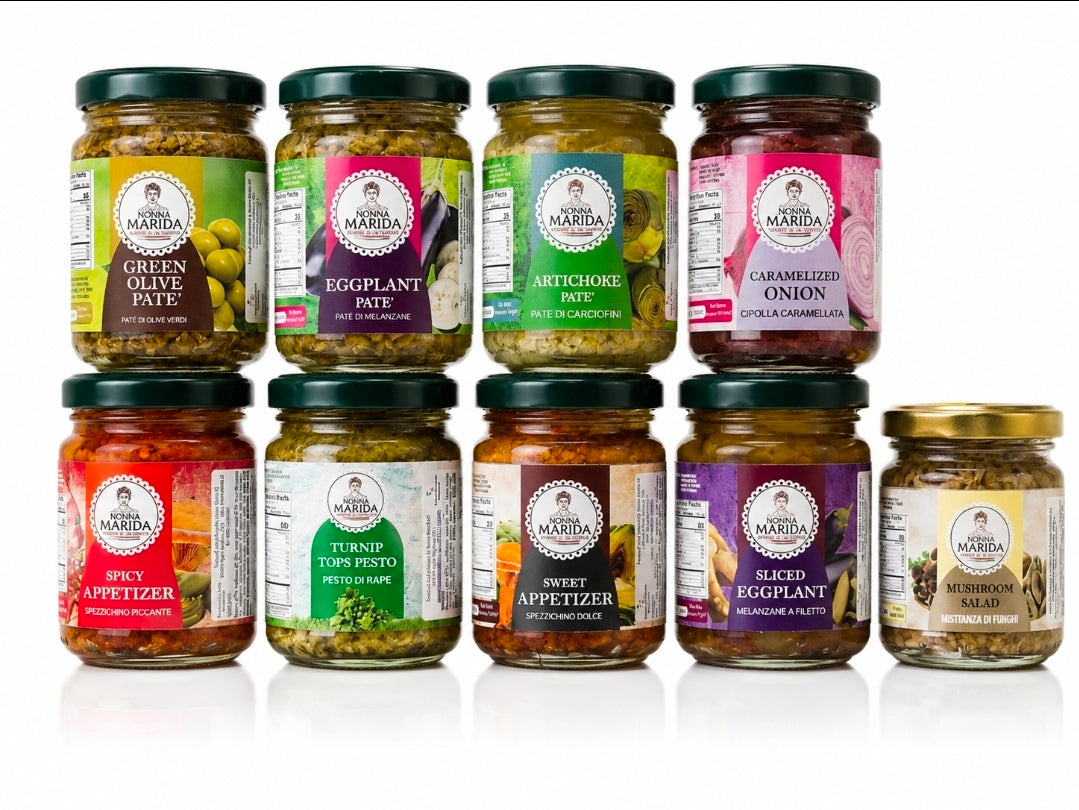Nonna Marida Chest of Flavors (Artichoke Pate, Green Olive Pate, Caramelized Onion, Mushroom Salad, Turnip Tops Pesto, Sweet Appetizer, Sliced Eggplant, Spicy Appetizer and Eggplant Pate) (Copy)