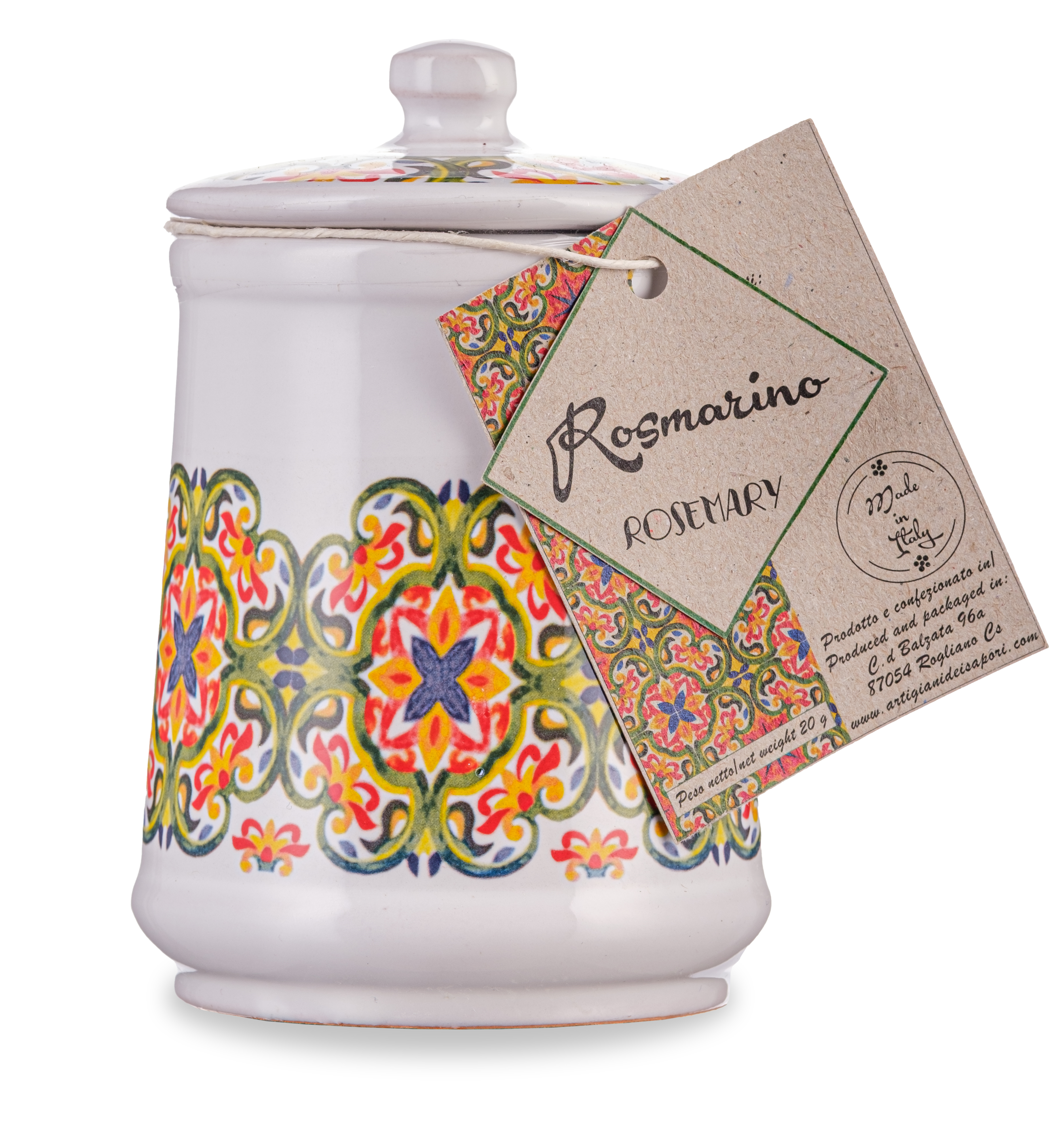 Dried Italian Rosemary in a Hand Made Italian Majolica Jar by Casarecci di Calabria - 1 oz