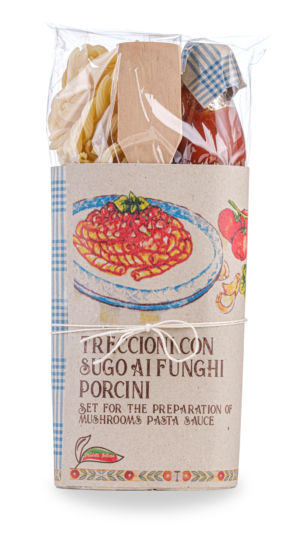 Organic Treccioni pasta Porcini Mushroom Sauce Gift Set With Wooden Spoon By Casarecci Di Calabria
