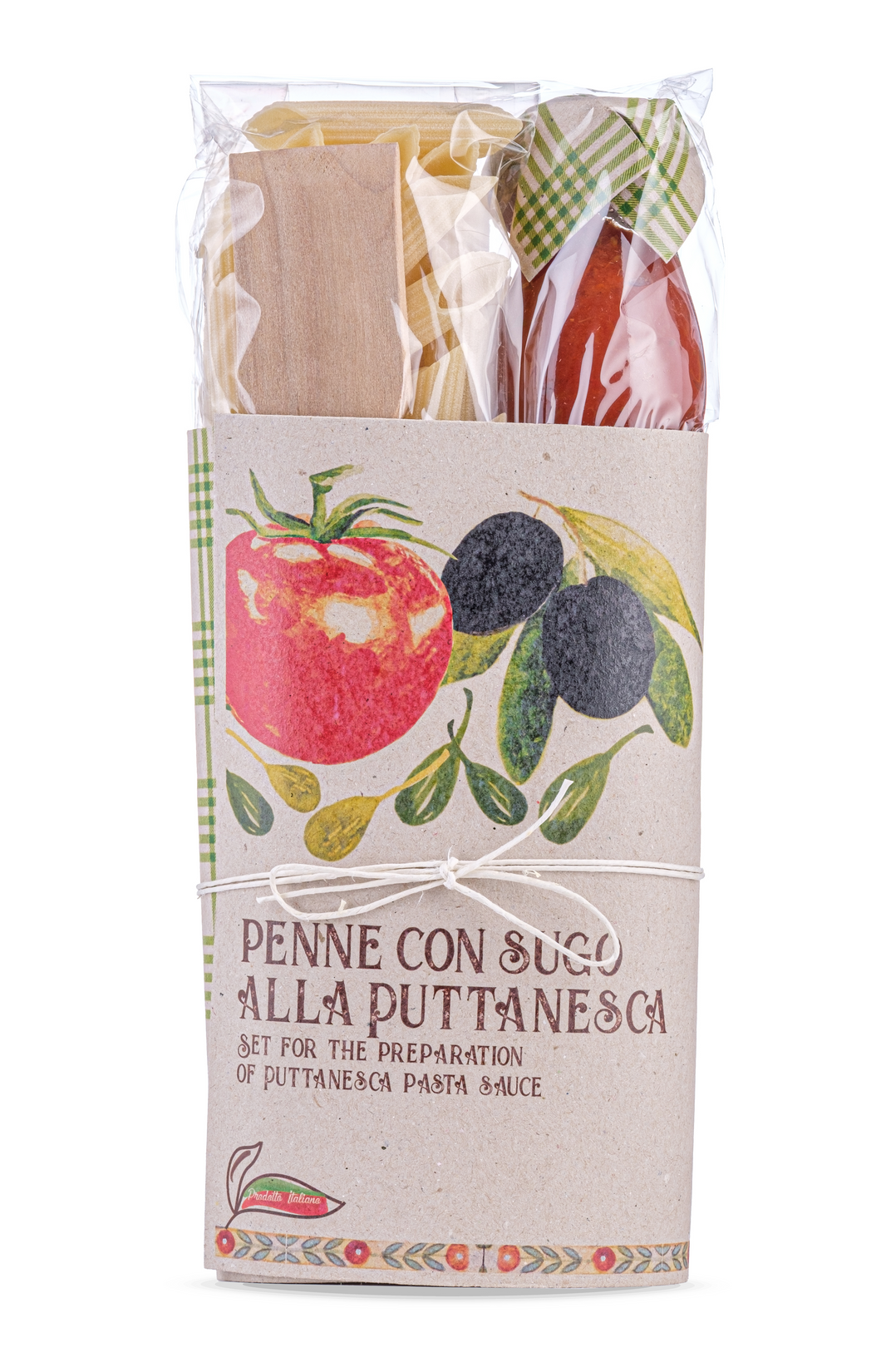 Organic Pennoni Puttanesca  Sauce Gift Set With Wooden Spoon By Casarecci Di Calabria