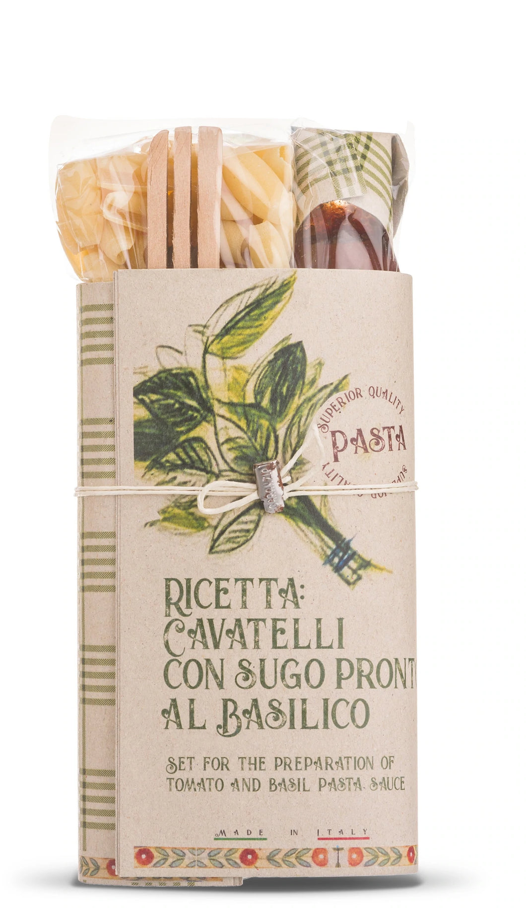 Organic Cavatelli Pasta with Tomatoes and Basil Sauce Gift Set With Wooden Spoon By Casarecci Di Calabria