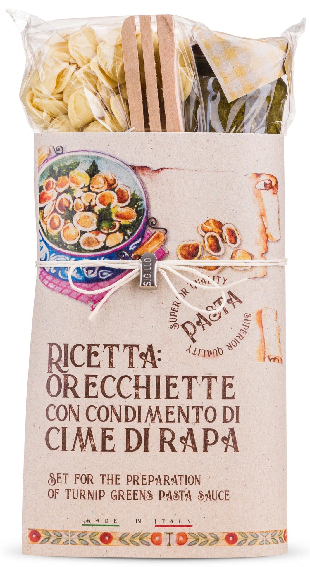 Organic Maccheroni Pasta with Broccoli Rapa Green Sace gift set with wooden spoon by 